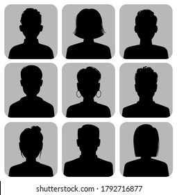 Silhouette heads. Male and female head silhouettes internet avatar, black web icons gray square background, woman and man social media anonymous portrait, flat vector isolated collection