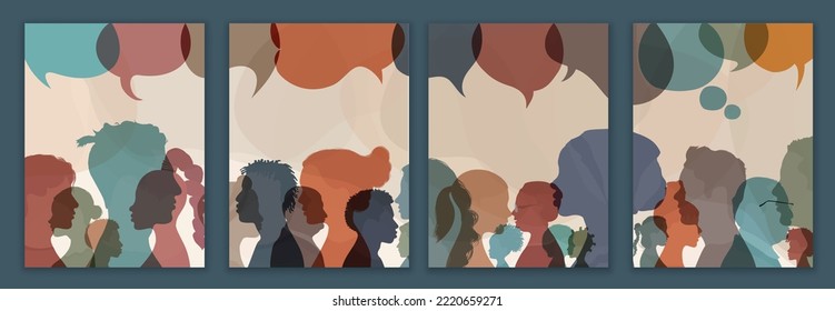 Silhouette heads men and women in profile whit speech bubble.Talking dialogue and inform.Communicate between a group of diverse people who talk. People diversity.Template poster copy space