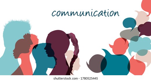 Silhouette heads multiethnic people in profile talking and communicating.Communication text. Speech bubble. Communicate and share ideas and information on social networks.Community. Speak