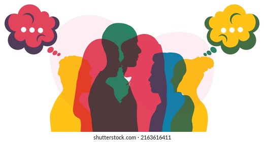 Silhouette heads people in profile with speech bubble talking and communicating. Communicate and share ideas and information on social networks. bubble talking and communicating. Community concept.	
