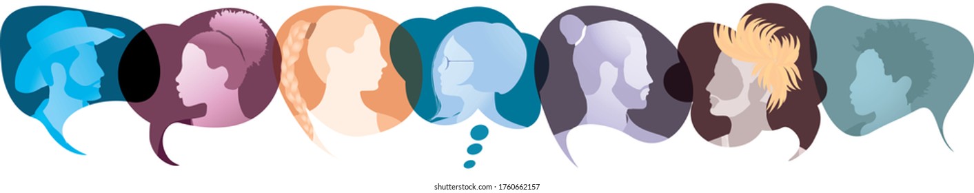 Silhouette leitet Menschen in Profil.Diversity people.Speech bubble.Talking dialog and information.Communicate group of multi-ethnische Menschen, die sprechen und Ideen teilen.Community.Speak.Social