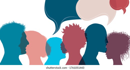 Silhouette heads people in profile.Diversity people.Speech bubble.Talking dialogue and inform.Communicate group of multiethnic people who talk and share ideas.Community.Speak.Social