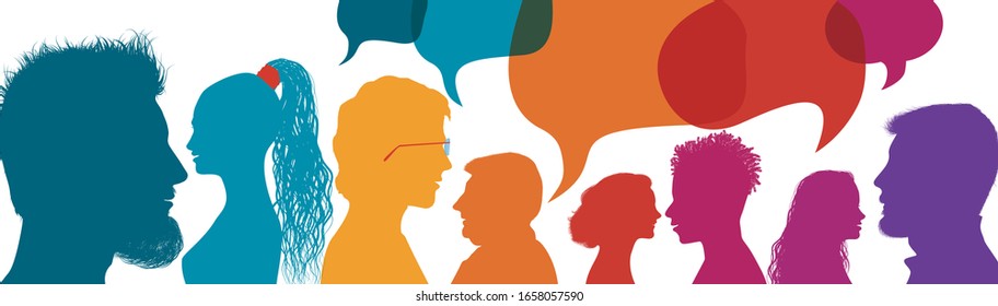 Silhouette heads people in profile.Speech bubble. Crowd talking and inform.Communicate between a group of multiethnic and multicultural people who talk and share ideas.Diversity people