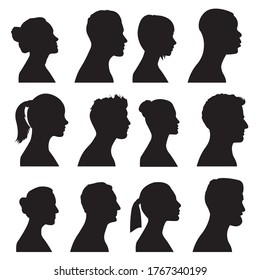 Silhouette heads.Set of profile face of different people. Man and woman heads in profile symbol.Set man and woman head icon silhouette.Anonymous faces portraits, black outline photo vector collection 