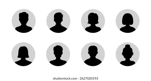 Silhouette headshot icon. Avatar face, person icon, people. Male and female profiles. Avatar flat icon set. Default anonymous user portrait vector illustrations.