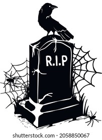 silhouette of a headstone with a crow. spider with cobwebs. vector. eps