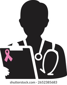 Silhouette of healthcare professional holding clipboard with pink ribbon signifying dedication to Breast Cancer Awareness, perfect for medical campaign designs