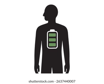 Silhouette of healthy man with full green battery icon on chest isolated on white background. Concept of energy balance, wellness, vitality, physical health, power and motivation.