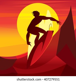 Silhouette of healthy man riding a surfboard at sunset - Sport or leisure concept. Vector illustration