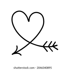 Silhouette of heart with arrow. Vector illustration in doodle style isolated on white background. Valentine's Day.