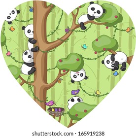 silhouette of heart with cheerful pandas on tree, white background, vector illustration