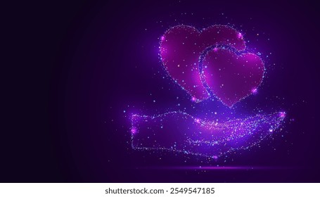 Silhouette of a heart cradled by hands made of glowing, multicolored dots, resembling stars. The particles symbolize compassion, tenderness, and the universal essence of love and care.