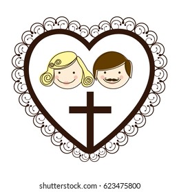silhouette heart decorative frame with couple and brown wooden cross inside vector illustration