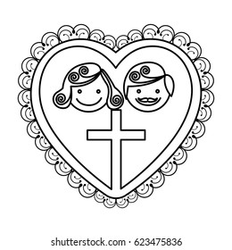 silhouette heart decorative frame with couple and wooden cross inside vector illustration