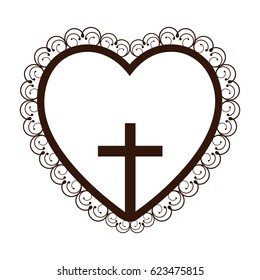 silhouette heart decorative frame with small brown wooden cross inside vector illustration