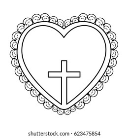 silhouette heart decorative frame with small wooden cross inside vector illustration