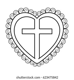 silhouette heart decorative frame with wooden cross inside vector illustration