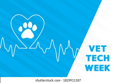  Silhouette Heart EKG And Animal Paw Print. Vet Tech Week Blue Concept, Pet Doctor Vector Banner. Vet Assistant Card. Veterinary Technician Poster.