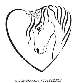 Silhouette of a heart in the form of a black horse. Animal love concept. The design is suitable for a logo, tattoo, emblem, mascot, sticker, symbol, print on a t-shirt or clothing. Isolated vector