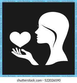Silhouette of the heart in the girl's hand icons vector. Heart protection sign flat style. Postcard to the day of lovers.