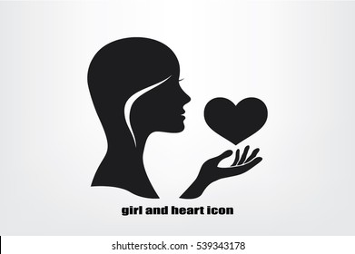 Silhouette of the heart in the girl's hand icons vector. Heart protection sign flat style. Postcard to the day of lovers.