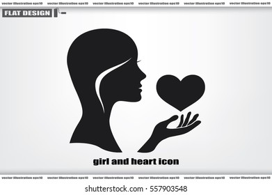 Silhouette of the heart in the girl's hand icons vector. Heart protection sign flat style. Postcard to the day of lovers. 