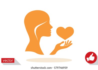Silhouette of the heart in the girl's hand icons vector. Heart protection sign flat style. Postcard to the day of lovers 