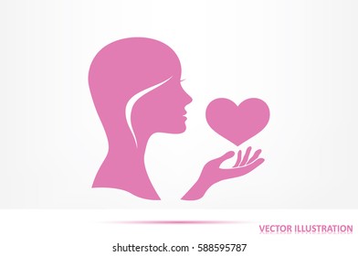 Silhouette of the heart in the girl's hand icons vector. Heart protection sign flat style. Postcard to the day of lovers.