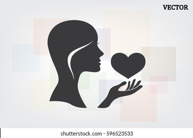 Silhouette of the heart in the girl's hand icons vector. Heart protection sign flat style. Postcard to the day of lovers.
