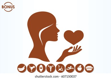Silhouette of the heart in the girl's hand icons vector. Heart protection sign flat style. Postcard to the day of lovers.