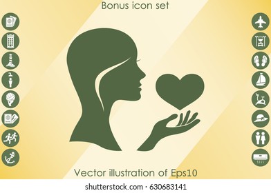 Silhouette of the heart in the girl's hand icons vector. Heart protection sign flat style. Postcard to the day of lovers.