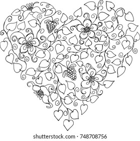 Silhouette heart. Hand drawn patterns for coloring. Freehand sketch drawing for adult antistress coloring book 