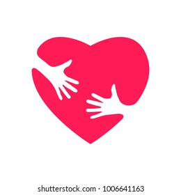 Silhouette of heart with hands, hugging heart, concept of love and care, happy valentine day