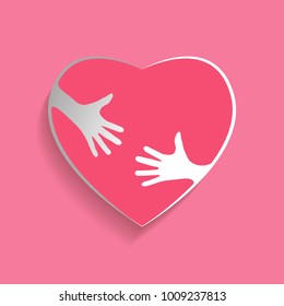 Silhouette of heart with hands, hugging heart, concept of love and care, happy valentine day