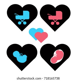 Silhouette of the heart. An image on the background of the heart. Carriage, child. Vector illustration.

