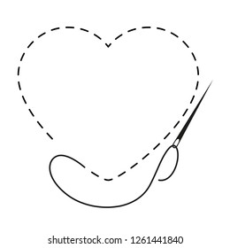 Silhouette of heart with interrupted contour. Vector illustration of handmade work with embroidery thread and needle on white background.