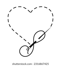 Silhouette of heart with interrupted contour. Vector illustration of handmade work with embroidery thread and sewing needle on white background.