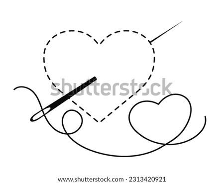 Silhouette of heart with interrupted contour. Vector illustration of handmade work with embroidery thread and sewing needle on white background.