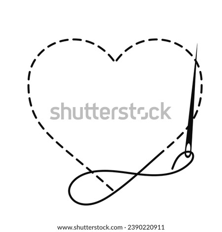 Silhouette of heart with interrupted contour. Vector copy space illustration of handmade work with embroidery thread and sewing needle on white background.	