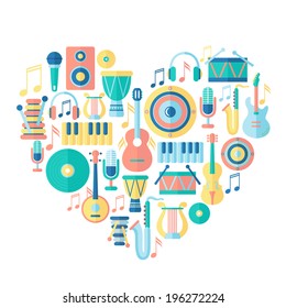 Silhouette heart with musical instruments. Flat style