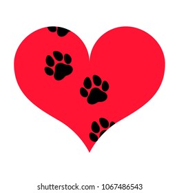 Silhouette of a heart with pawprints on it, isolated.