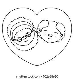 silhouette heart shape greeting card with caricature face of grandmother with curly hair and bald grandfather vector illustration