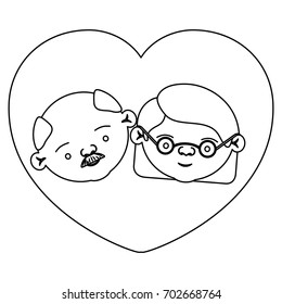silhouette heart shape greeting card with caricature face of bald grandfather with moustache and grandmother with short hair with glasses vector illustration