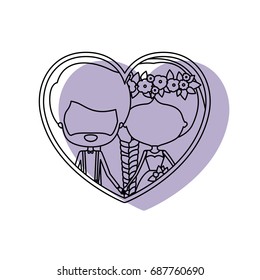 silhouette heart shape lilac shadow with contour faceless newly married couple inside of newly married couple bearded groom with formal wear and bride with side braided hairstyle and holdings hands