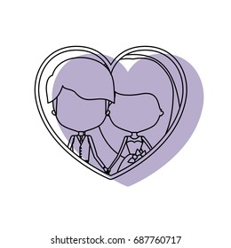 silhouette heart shape lilac shadow with contour faceless newly married couple inside of newly married couple young groom with formal wear and bride with long hairstyle and holdings hands vector