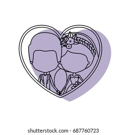 silhouette heart shape lilac shadow with contour faceless newly married couple inside of newly married couple groom with formal wear and bride with side ponytail hairstyle and holdings hands vector