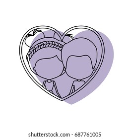 silhouette heart shape lilac shadow with contour faceless couple man and woman with double buns hairstyle inside holding hands vector illustration
