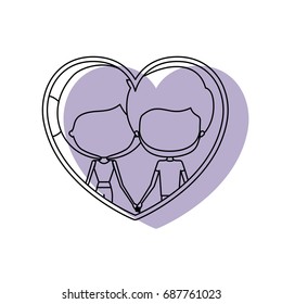 silhouette heart shape lilac shadow with contour faceless couple bearded man and woman side bun hairstyle inside holding hands vector illustration