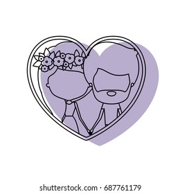 silhouette heart shape lilac shadow with contour faceless couple man and woman with flower crown in hair inside holding hands vector illustration