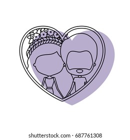 silhouette heart shape lilac shadow with contour faceless couple man and woman with long wavy braided hairstyle and flower crown in hair inside holding hands vector illustration